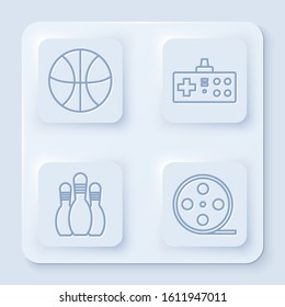 Set line Basketball ball, Gamepad, Bowling pin and Film reel. White square button. Vector