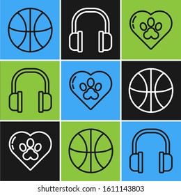 Set line Basketball ball, Heart with animals footprint and Headphones icon. Vector