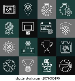 Set line Basketball ball, on sport calendar, training, Stopwatch with basketball, backboard, award, game video and  icon. Vector