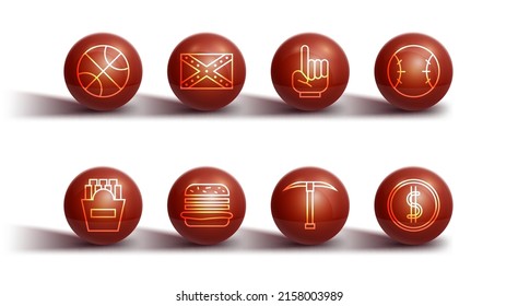 Set line Basketball ball, Potatoes french fries in box, Baseball, Pickaxe, Burger, Flag Confederate, Coin money with dollar and Number 1 fan hand glove icon. Vector