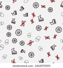 Set line Basketball ball, Roller skate, Baseball helmet and Kayak and paddle on seamless pattern. Vector