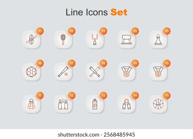 Set line Basketball ball, Sport expander, Fitness shaker, Bowling pin, Badminton shuttlecock, Medal,  and Crossed baseball bat icon. Vector