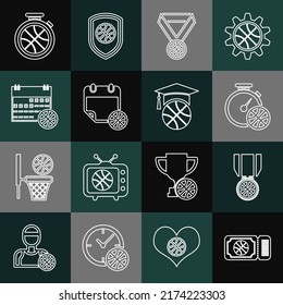 Set line Basketball game ticket, medal, Stopwatch with basketball, on sport calendar,  and training icon. Vector