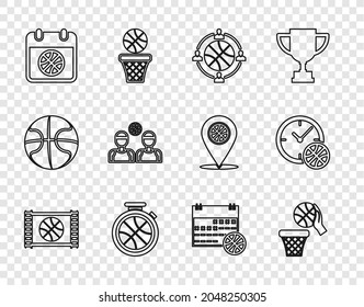 Set Line Basketball Game Video, And Basket, Planning Strategy, Stopwatch With Basketball, On Sport Calendar, Players,  And Clock Icon. Vector