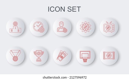 Set Line Basketball Game Video, Medal, Player, Backboard, Sports Winner Podium, Clock With Basketball, Award Cup And Ticket Icon. Vector