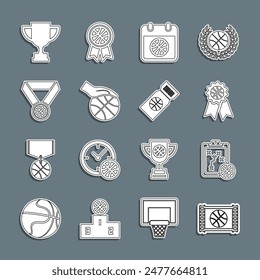 Set line Basketball game video, Planning strategy, award, on sport calendar, Hand with basketball, medal, Award cup and ticket icon. Vector