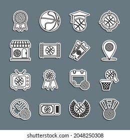 Set line Basketball medal, and basket, Location with basketball, training, game video, Sports shop, award and ticket icon. Vector