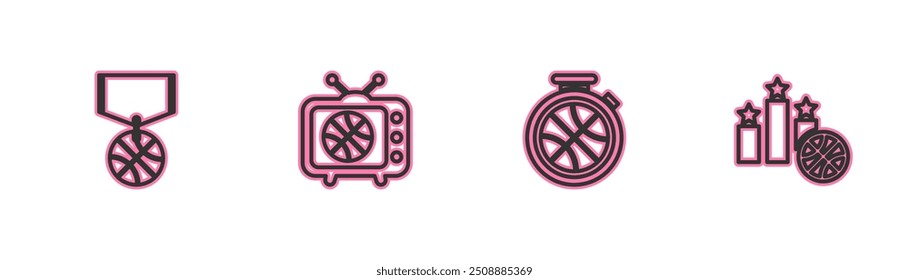 Set line Basketball medal, Stopwatch with basketball, match on tv and Sports winner podium icon. Vector