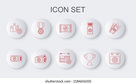 Set line Basketball on sport calendar, game ticket, video, Award cup, Sports winner podium, medal,  and  icon. Vector