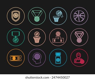 Set line Basketball player, medal, and basket, Shield in the basketball, Sports winner podium and  icon. Vector