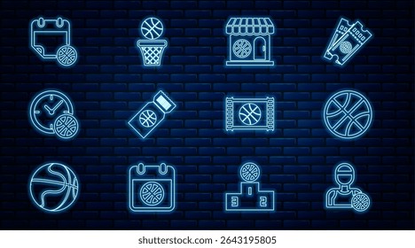 Set line Basketball player, Sports shop and basketball, game ticket, Clock with, on sport calendar, video and  icon. Vector