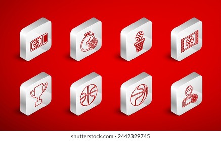 Set line Basketball player, Stopwatch with basketball, and, game video, ticket,  and Award cup icon. Vector