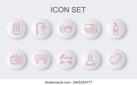 Set line Bath sponge, Cream or lotion cosmetic tube, Toilet paper roll, Man in the sauna, Incense sticks, Shower, Sauna wood bench and Bathtub icon. Vector