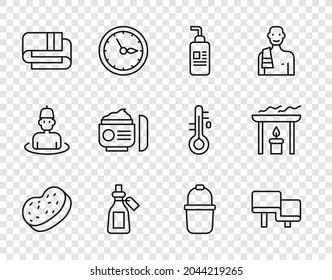 Set line Bath sponge, Sauna wood bench, Cream or lotion cosmetic tube, Essential oil bottle, Towel stack, bucket and Aroma candle icon. Vector