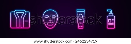 Set line Bathrobe, Facial cosmetic mask, Cream or lotion tube and . Glowing neon icon. Vector