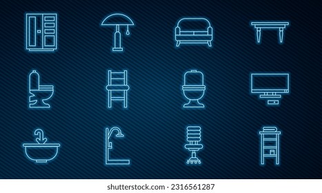 Set line Bathroom rack with shelves for towels, Smart Tv, Sofa, Chair, Toilet bowl, Wardrobe,  and Table lamp icon. Vector