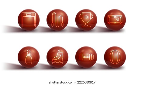 Set line Bathroom scales, Bowling pin, Billiard table, Dumbbell, Skates, Jump rope, Rugby ball and Award cup icon. Vector
