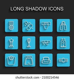 Set line Bathroom scales, Boxing short, Medal, Sport bag, belt, Punching, Wrestling singlet and Black karate icon. Vector