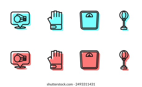 Set line Bathroom scales, Boxing glove, MMA and Punching bag icon. Vector