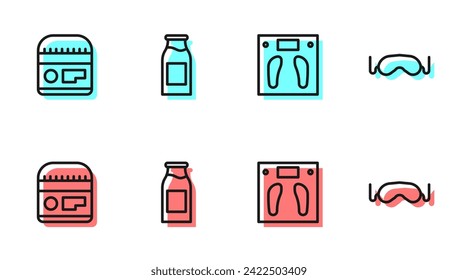 Set line Bathroom scales, Cream or lotion cosmetic tube, Bottle with milk and Eye sleep mask icon. Vector