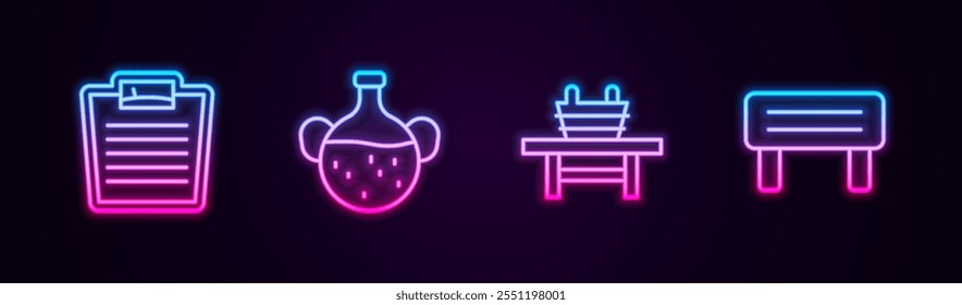 Set line Bathroom scales, Essential oil bottle, Sauna bench with bucket and wood. Glowing neon icon. Vector