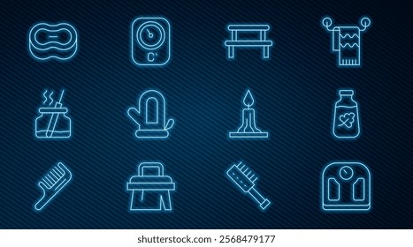 Set line Bathroom scales, Essential oil bottle, Sauna wood bench, mitten, Aroma diffuser, Bar of soap, Burning candle and thermometer icon. Vector