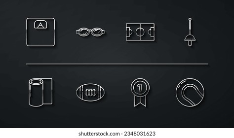 Set line Bathroom scales, Fitness mat roll, Fencing, Medal, American Football ball, Glasses for swimming, Baseball and soccer field icon. Vector