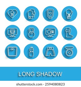 Set line Bathroom scales, Fitness shaker, Boxing glove, short, gong, Weight, Sport boxing shoes and  icon. Vector