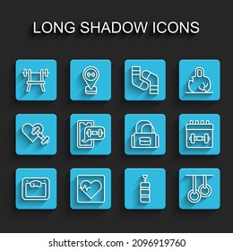 Set line Bathroom scales, Heart rate, Bench with barbell, Punching bag, Gymnastic rings, Fitness app, Calendar fitness and Sport icon. Vector