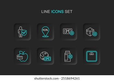 Set line Bathroom scales, Lactose intolerance, GMO, Apple and measuring tape, No sugar free, Kcal and Healthy lifestyle icon. Vector