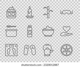 Set line Bathroom scales, Leaf plant nature, Bamboo stems with leaves, Slipper, Cream or lotion cosmetic tube, Kettle handle and Heart icon. Vector