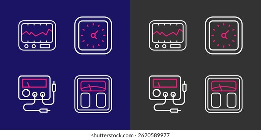 Set line Bathroom scales, Multimeter, voltmeter, Clock and Measuring instrument icon. Vector