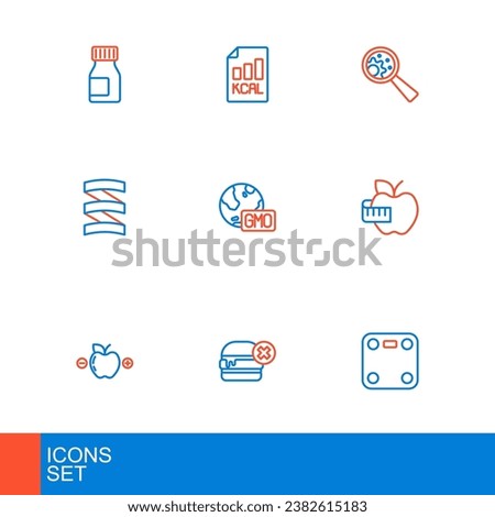 Set line Bathroom scales, No burger, Calorie calculator, Apple and measuring tape, Sports nutrition proteine, GMO,  and Diet plan icon. Vector