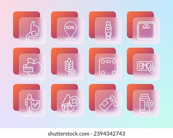 Set line Bathroom scales, Palm oil free, Bottle of water, Gluten grain, Smart watch with heart, Human stomach health and Kcal icon. Vector