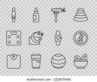Set line Bathroom scales, Salad in bowl, Carrot on fork, Glass with water, Smartwatch, Time to sleep, Fitness ball and No alcohol icon. Vector