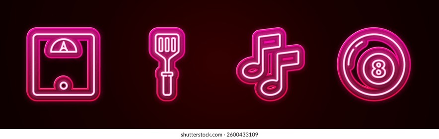 Set line Bathroom scales, Spatula, Music note, tone and Billiard pool snooker ball. Glowing neon icon. Vector