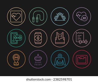 Set line Bathroom scales, Sport training program, Metal rack with weight, Energy drink, Fitness app, Heart rate, Sweaty sleeveless t-shirt and Jump rope icon. Vector