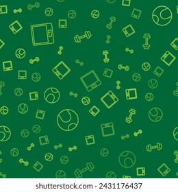 Set line Bathroom scales, Tennis ball and Dumbbell on seamless pattern. Vector