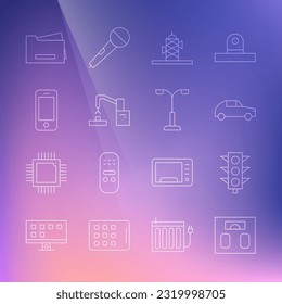 Set line Bathroom scales, Traffic light, Car, Antenna, Robotic robot arm hand factory, Smartphone, Printer and Street icon. Vector