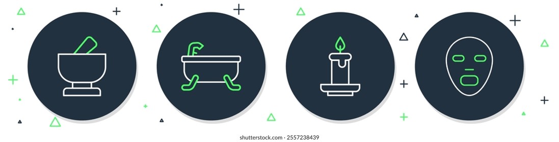 Set line Bathtub, Aroma candle, Mortar pestle and Facial cosmetic mask icon. Vector