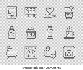 Set line Bathtub, Aroma lamp, Heart on hand, Bathroom scales, Leaf document, Cream or lotion cosmetic tube, Bar of soap with foam and Cup tea tea bag icon. Vector