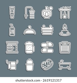 Set line Bathtub, Bathroom scales, Man in the sauna, Aftershave, Hanger wardrobe, Cream or lotion cosmetic tube,  and Sauna bucket icon. Vector