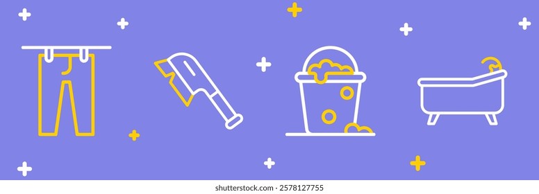 Set line Bathtub, Bucket with foam and bubbles, Brush for cleaning and Drying clothes icon. Vector