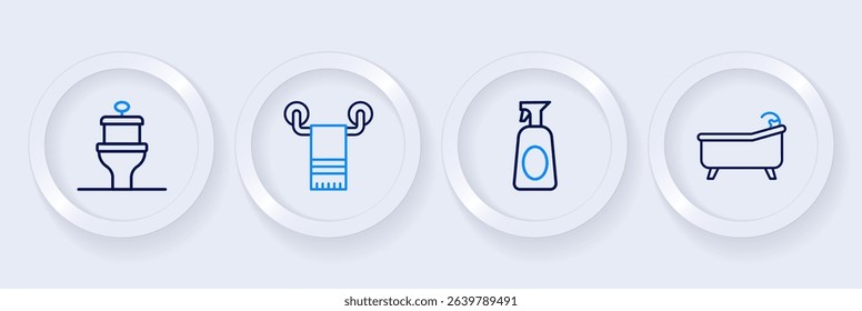 Set line Bathtub, Cleaning spray with detergent, Towel on hanger and Toilet bowl icon. Vector