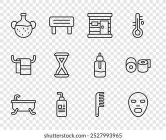 Bañera, máscara cosmética facial, sauna, bañera de madera, tubo de crema o loción, botella de aceite esencial, reloj de arena, cepillo de pelo y rollo de papel higiénico icono. Vector