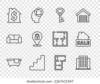Set line Bathtub, House, key, Staircase, with dollar symbol, Location lock, plan and Hanging sign Sale icon. Vector