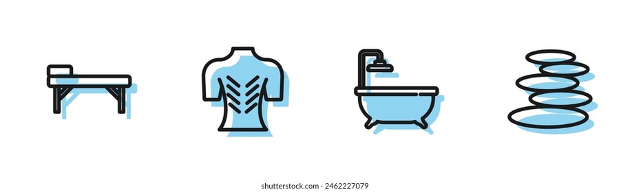 Set line Bathtub, Massage table,  and Stack hot stones icon. Vector