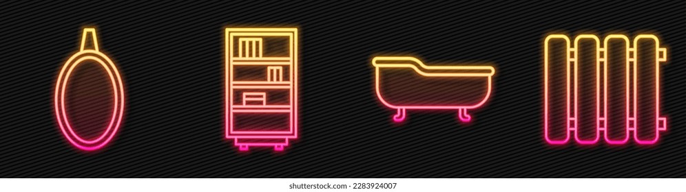 Fija la línea Baño, Espejo, biblioteca y radiador de calefacción. Icono de neón brillante. Vector