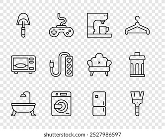 Set line Bathtub, Paint brush, Coffee machine, Washer, Spatula, Electric extension, Refrigerator and Trash can icon. Vector