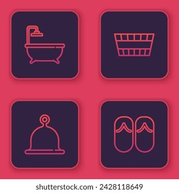 Set line Bathtub, Sauna hat, bucket and Flip flops. Blue square button. Vector